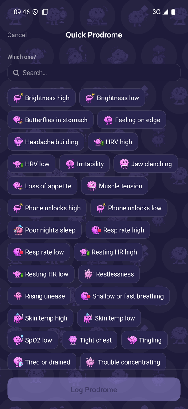 Triggers collected and tested: sleep, heat, water, your body and your medicines